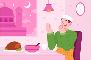 Ramadan Kareem Mubarak concept vector Illustration idea for landing page template, Islamic family Iftar party dates, people praying before breakfasting for the holy month, Hand drawn Flat Style