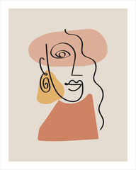 Abstract Woman face one line drawing, creative freehand composition in contemporary abstract style with geometric elements. Portrait minimalistic style. Continuous line. Vector illustration