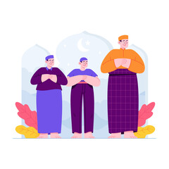 Ramadan Kareem Mubarak concept vector Illustration idea for landing page template, Islamic family, people praying together in mosque, celebrating the holy month, iftar, Hand drawn Flat Style