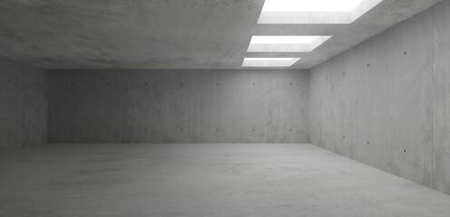Empty modern abstract concrete room with light thru rectangular ceiling openings on the right and rough floor - industrial interior background template