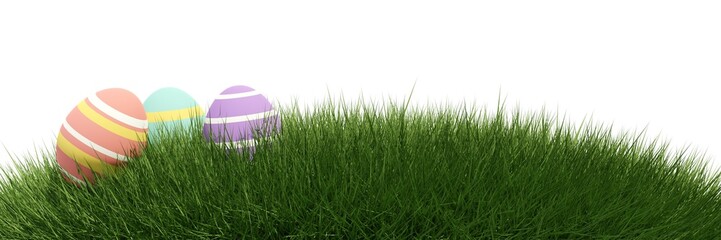Fototapeta premium Round shape of green grass with eggs, easter border or edge wide banner isolated on white background, easter greeting card template element
