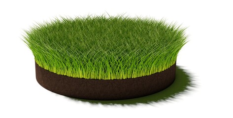 Round circle patch or island of long green grass on brown soil ground layer isolated on white background, spring or eco concept template element