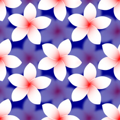 Plumeria tropical. Seamless cute pattern with exotic frangipani flower. Modern trendy design with blue background for textile and paper products.