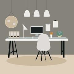 Modern Minimalist workplace interior. Scandinavian style working space. Flat design template work at home.	Gray background.