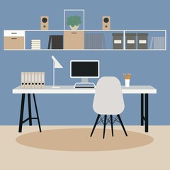 Modern Minimalist office Workplace Interior. Scandinavian style working space. Flat design template work at home. Blue background.