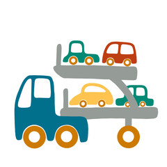 Cute cartoon car - transporter with 4 passengers cars. Vector print with childrens cars for fabric, textile and wallpaper design.