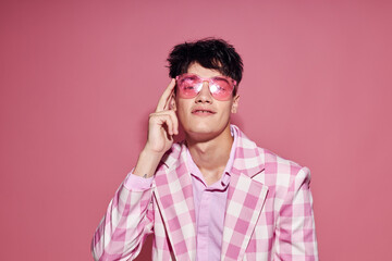 handsome guy plaid blazer pink glasses fashion modern style Lifestyle unaltered