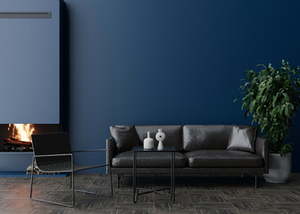 Empty dark blue wall in modern living room. Mock up interior in contemporary style. Free space for picture, poster. Leather sofa, armchair, fireplace, plant. 3D rendering.