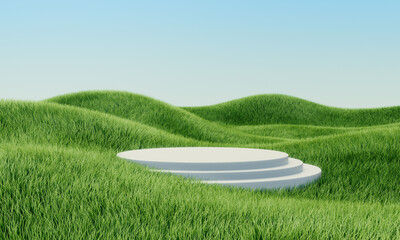 Green grass field with white cilinders. Podium. Summer landscape scene mockup. 3d illustration