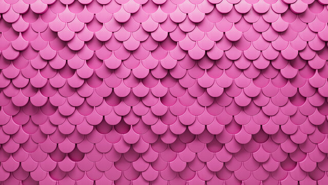 Pink, Futuristic Wall background with tiles. Fish Scale, tile Wallpaper with Polished, 3D blocks. 3D Render