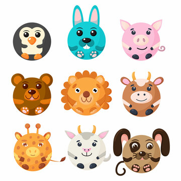 Cute cartoon round animals face, vector zoo sticker isolated on white background