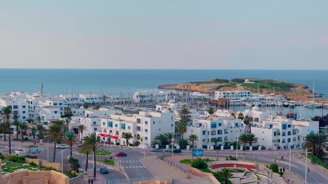 Aerial view of the port of Monastir and the Mediterranean sea, Tunisia, 2020. Parking lot in sea port. Africa beautiful destination
