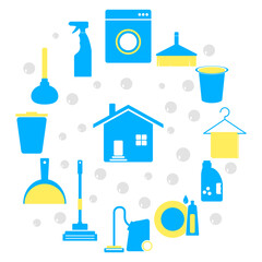 Household icons cleaning and washing house, wipe dust and vacuum floor, mop and wash dishes