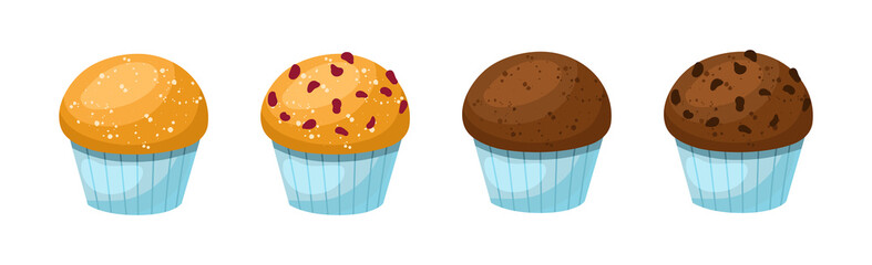 Set of fresh white and brown muffin with chocolate crumbs isolated vector illustration. Sweet cupcake delicious dessert collection. Bakery product