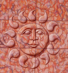 compound ceramic tile mosaic with careful precise arrangement to form sun shape with  sunbeams in pink and orange colours