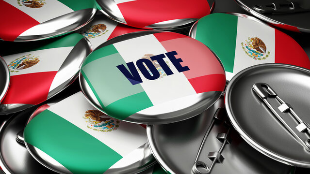 Vote in Mexico - national flag of Mexico on dozens of pinback buttons symbolizing upcoming Vote in this country. , 3d illustration