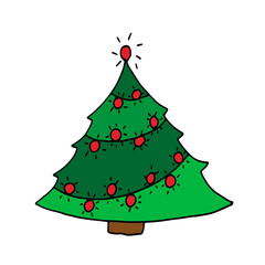 Cartoon Christmas tree with Christmas toys. Vector Christmas illustration, greeting card. Merry Christmas and Happy New Year.