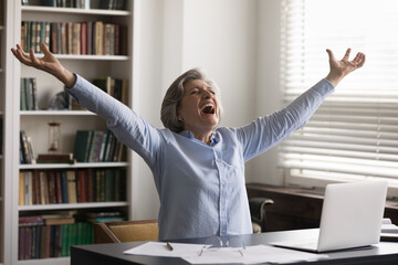 Overjoyed happy middle aged 60s woman screaming with raise in air arms, getting email with amazing...