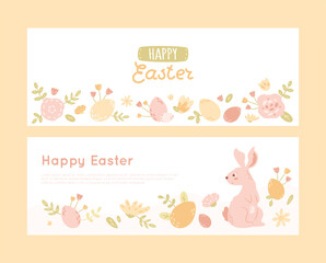 Fototapeta na wymiar Banner Happy Easter banners set. Cute rabbit, flowers arrangement, eggs with branches, tulip, hand written text. Promotion template. Vector spring illustration.