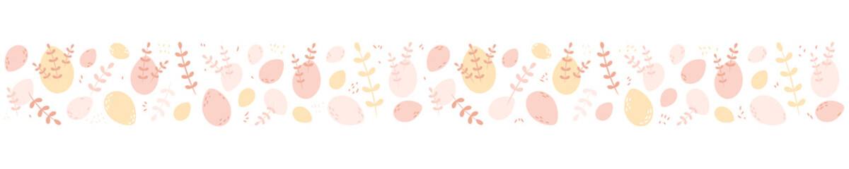 Seamless border with eggs and branches. Horizontal pattern, spring vector illustration.