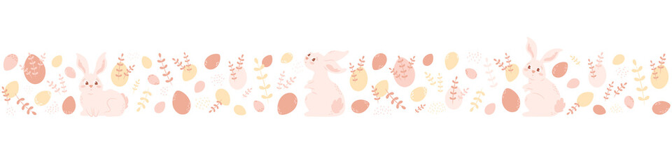 Easter border with cute bunny, eggs, branches. Vector illustration, holiday seamless pattern in pastel colors with rabbit in different poses. Cartoon animal.