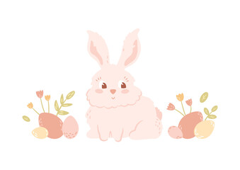 Cute bunny with eggs, flowers and leaves. Tulip, cartoon baby rabbit. Isolated character. Vector illustration.