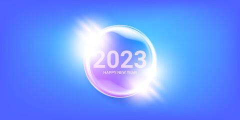 2023 Happy new year horizontal banner background and 2023 greeting card with text. vector 2023 new year sticker, label, icon, logo and badge isolated on winter stylish blue background