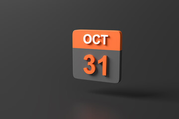 3d rendering minimal simple Halloween day calendar on dark black background. 3d October 31th fall holiday. Halloween ghost concept. object isolated illustration.