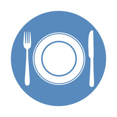 Fork and spoon and plate placed in blue circle. Restaurant, cafe symbol.