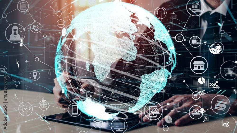 Poster conceptual people network linking and connection . 3d render computer graphic .