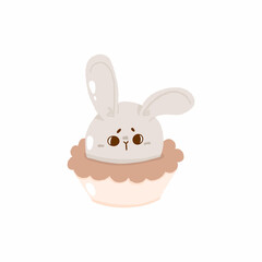 Cute easter hunt egg bunny cupcake, concept spring religious holiday, baby rabbit icon, cartoon hare doodle vector illustration, isolated on white.