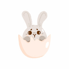 Cute easter bunny with hunt egg, concept spring religious holiday, baby rabbit icon, cartoon hare doodle vector illustration, isolated on white.