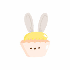 Cute easter hunt egg bunny cupcake, concept spring religious holiday, baby rabbit icon, cartoon hare doodle vector illustration, isolated on white.