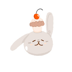 Cute easter hunt egg bunny cupcake, concept spring religious holiday, baby rabbit icon, cartoon hare doodle vector illustration, isolated on white.