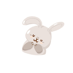 Cute easter hunt egg bunny with big ears, concept spring religious holiday, baby rabbit icon, cartoon hare doodle vector illustration, isolated on white.