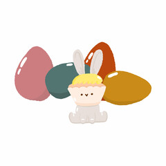 Concept bunny easter greeting card, cute spring religious holiday, baby rabbit icon, cartoon hare doodle vector illustration, isolated on white.