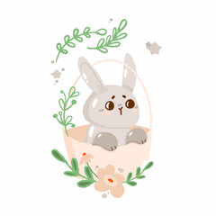 Concept bunny easter card with green leaf, cute spring religious holiday, baby rabbit cartoon hare doodle vector illustration, isolated on white.