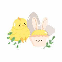 Concept bunny easter greeting card, cute spring religious holiday, chick, rabbit icon, cartoon hare doodle vector illustration, isolated on white.