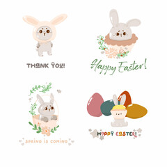 Set of concept bunny easter text greeting card, cute spring religious holiday, rabbit icon cartoon, hare doodle vector illustration, isolated on white.