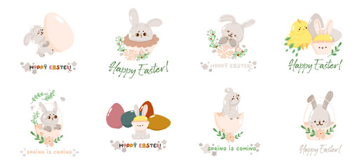 Set of concept bunny easter text greeting card, cute spring religious holiday chick, rabbit icon cartoon doodle vector illustration, isolated on white.