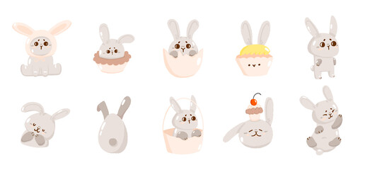 Set of cute easter hunt egg bunny, concept spring religious holiday, baby rabbit icon, cartoon hare doodle vector illustration, isolated on white.