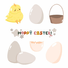 Set of cute happy easter hunt egg bunny, text card spring religious holiday rabbit icon stuff, cartoon doodle vector illustration, isolated on white.