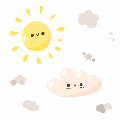 Set of cute concept sun and cloud icon background, sunlight and cloudy weather clipart cartoon vector illustration, doodle symbol isolated on white