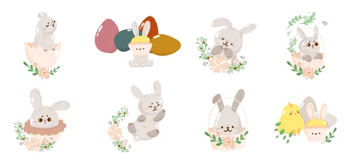 Papier Peint photo Des jouets Ensemble de carte de Pâques concept lapin avec feuille verte, jolie fête religieuse de printemps, illustration vectorielle de poussin lapin dessin animé doodle, isolé sur blanc.