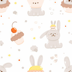 Concept cute easter bunny seamless pattern, spring holiday banner, rabbit egg hunt icon, cartoon hare doodle vector illustration, texture background.