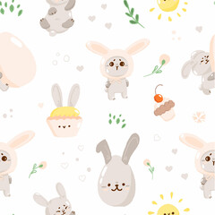 Concept cute easter bunny seamless pattern, spring holiday banner, rabbit egg hunt icon, cartoon hare doodle vector illustration, texture background.