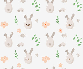 Concept cute easter bunny seamless pattern, spring holiday banner, rabbit egg hunt icon, cartoon hare doodle vector illustration, texture background.