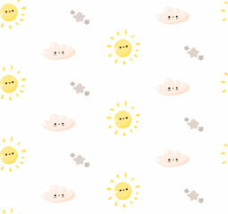 Concept cute weather seamless pattern, doodle sun, star and cloud icon, cartoon vector illustration background. Kindergarten texture decoration.
