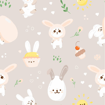 Concept cute easter bunny seamless pattern, spring holiday banner, rabbit egg hunt icon, cartoon hare doodle vector illustration, texture background.