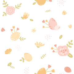 Easter seamless pattern with eggs, flowers, branches and leaves in pastel colors on white background. Vector illustration for holiday packaging, spring fabric, paper.